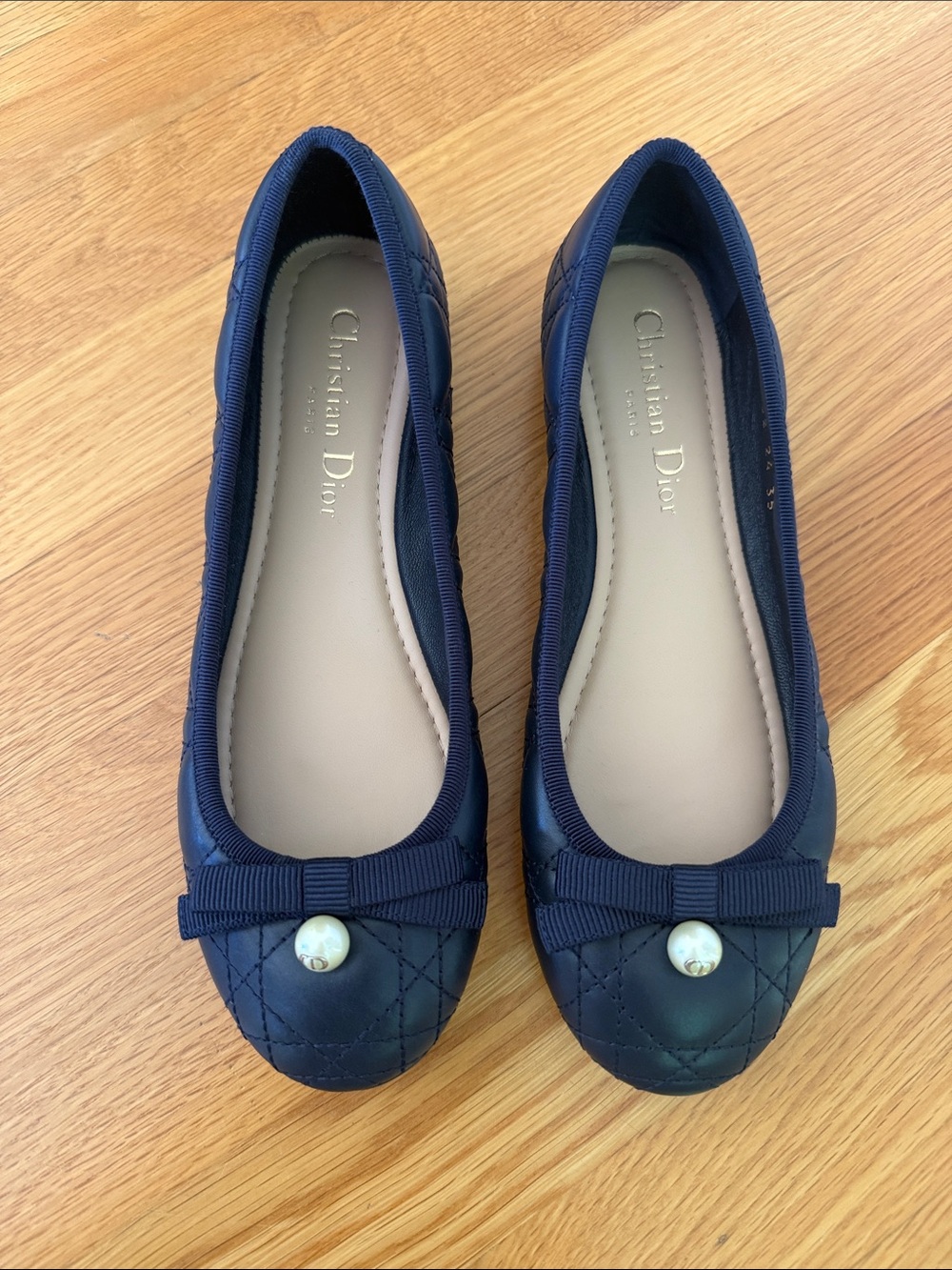 Dior Navy Quilted Ballet Flats with Bow and Pearl - Picture 3 of 11